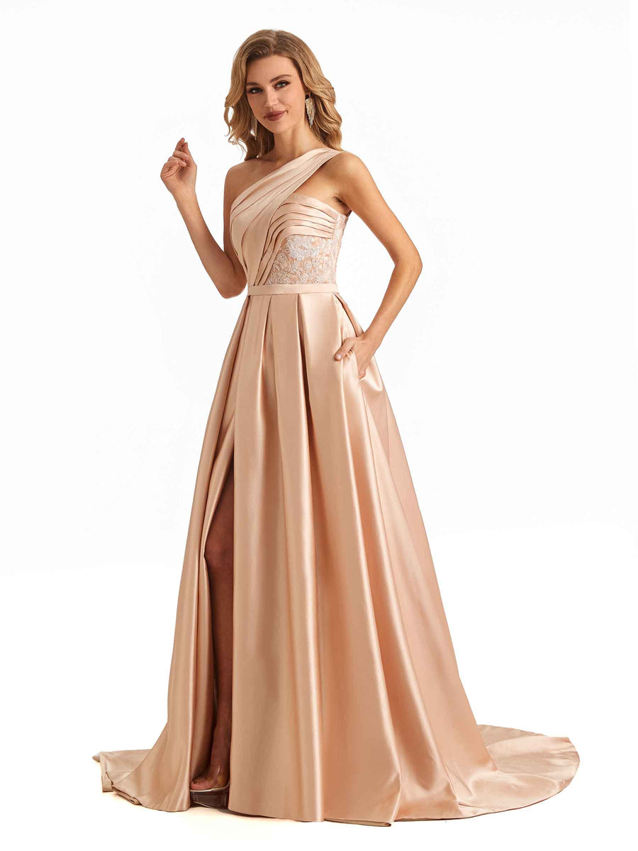 Sexy Side Slit One Shoulder A-line Soft Satin Long Bridesmaid Dresses Online
