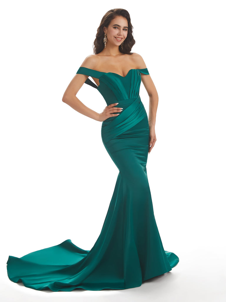 Sexy Mermaid Off The Shoulder Long Soft Satin Wedding Day Guest Dresses