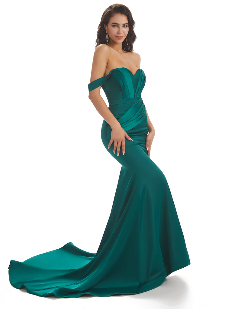 Sexy Mermaid Off The Shoulder Long Soft Satin Wedding Day Guest Dresses