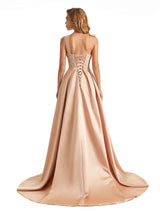 Sexy Side Slit One Shoulder A-line Soft Satin Long Bridesmaid Dresses Online