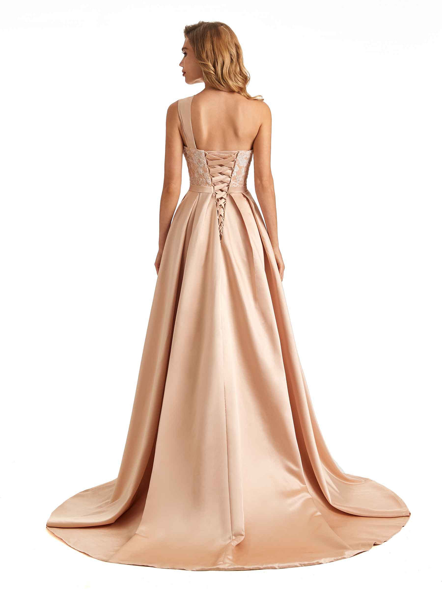 Sexy Side Slit One Shoulder A-line Soft Satin Long Bridesmaid Dresses Online