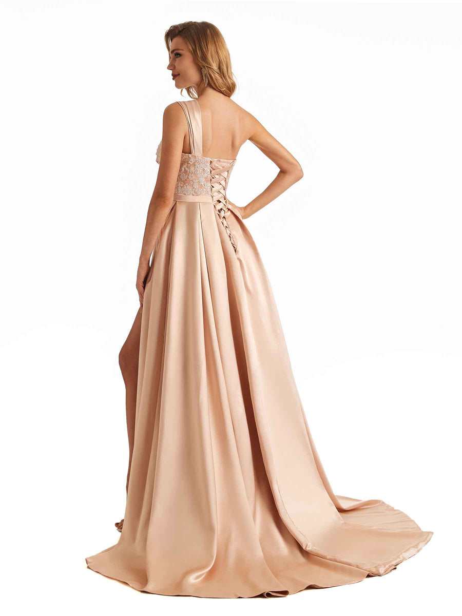 Sexy Side Slit One Shoulder A-line Soft Satin Long Bridesmaid Dresses Online