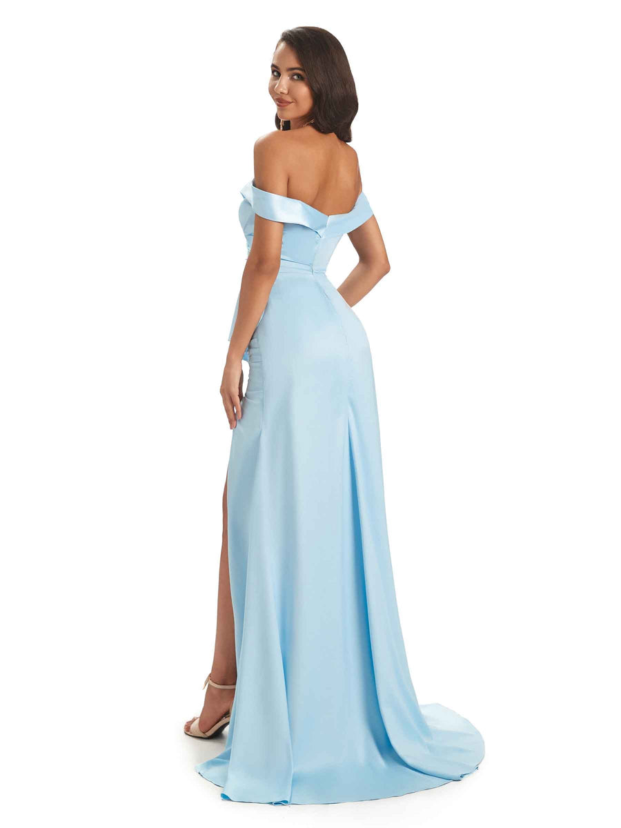 Sexy Satin Side Slit Off Shoulder Long Prom Dresses With Slit