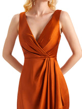 Elegant Soft Satin V Neck Formal Long Maid Of Honour Dresses 2023