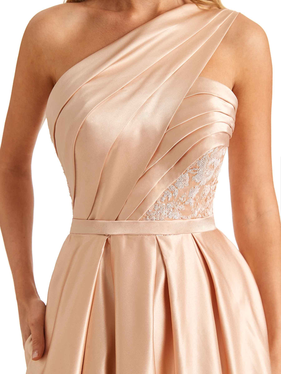 Sexy Side Slit One Shoulder A-line Soft Satin Long Bridesmaid Dresses Online