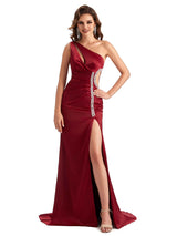 Sexy Side Slit Mermaid Soft Satin One Shoulder Lace Long Bridesmaid Dresses