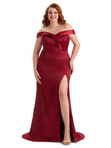 Plus Size Elegant Off The Shoulder Side Slit Mermaid Soft Satin Long Bridesmaid Gowns