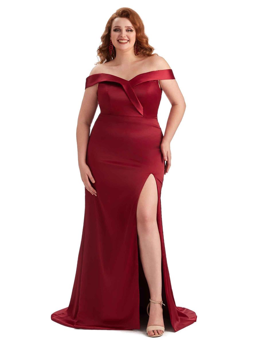 Plus Size Elegant Off The Shoulder Side Slit Mermaid Soft Satin Long Bridesmaid Gowns