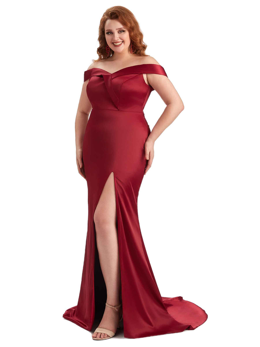 Plus Size Elegant Off The Shoulder Side Slit Mermaid Soft Satin Long Bridesmaid Gowns