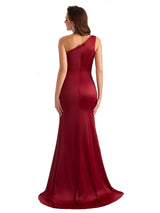 Sexy Side Slit Mermaid Soft Satin One Shoulder Lace Long Bridesmaid Dresses