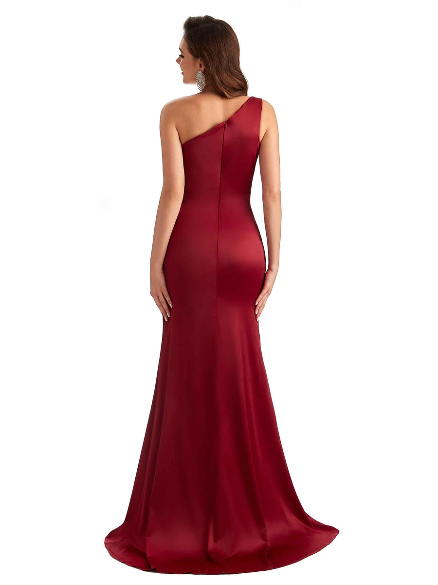 Sexy Side Slit Mermaid Soft Satin One Shoulder Lace Long Bridesmaid Dresses