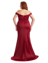 Plus Size Elegant Off The Shoulder Side Slit Mermaid Soft Satin Long Bridesmaid Gowns