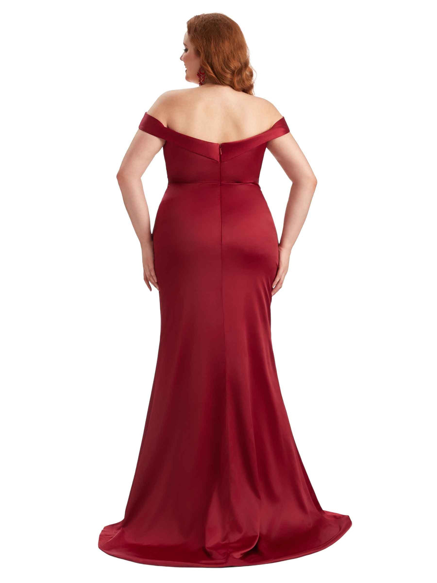 Plus Size Elegant Off The Shoulder Side Slit Mermaid Soft Satin Long Bridesmaid Gowns