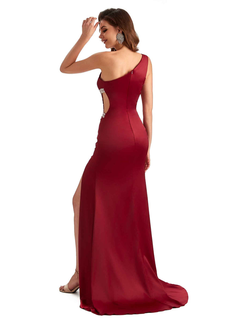 Sexy Side Slit Mermaid Soft Satin One Shoulder Lace Long Bridesmaid Dresses