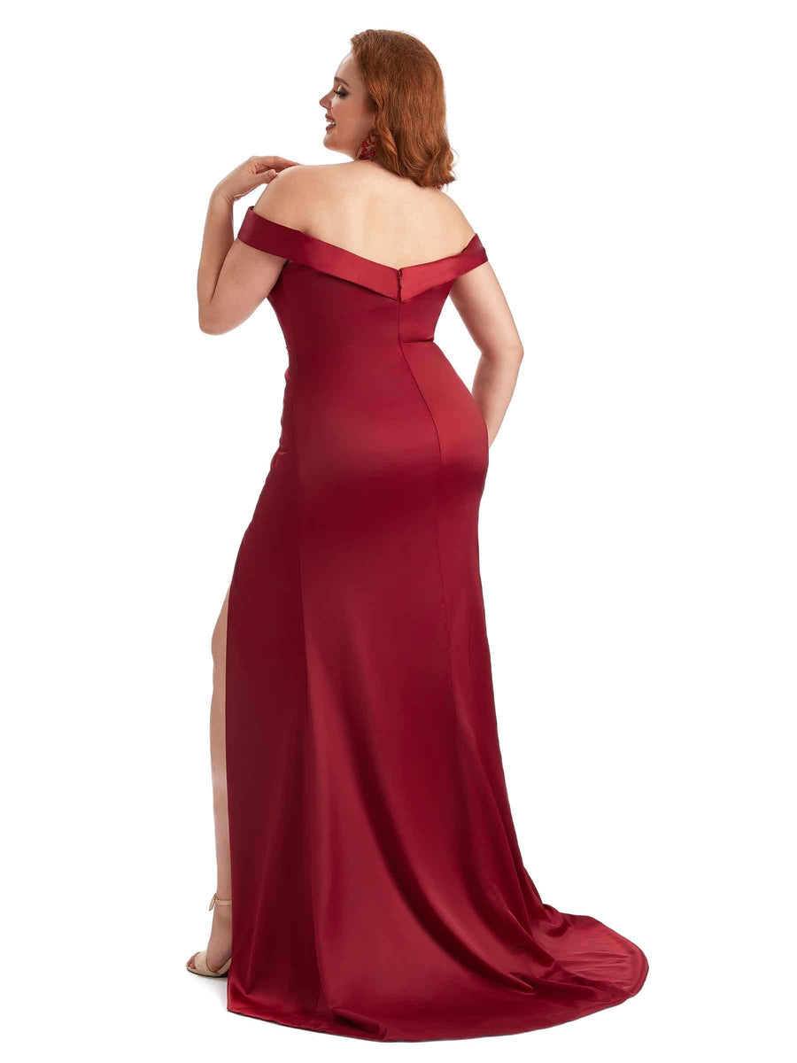 Plus Size Elegant Off The Shoulder Side Slit Mermaid Soft Satin Long Bridesmaid Gowns