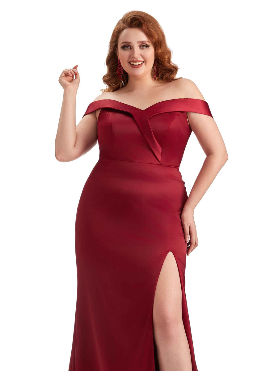 Plus Size Elegant Off The Shoulder Side Slit Mermaid Soft Satin Long Bridesmaid Gowns