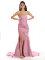 Sexy Side Slit Strapless Long Mermaid Unique Satin Dress For Wedding
