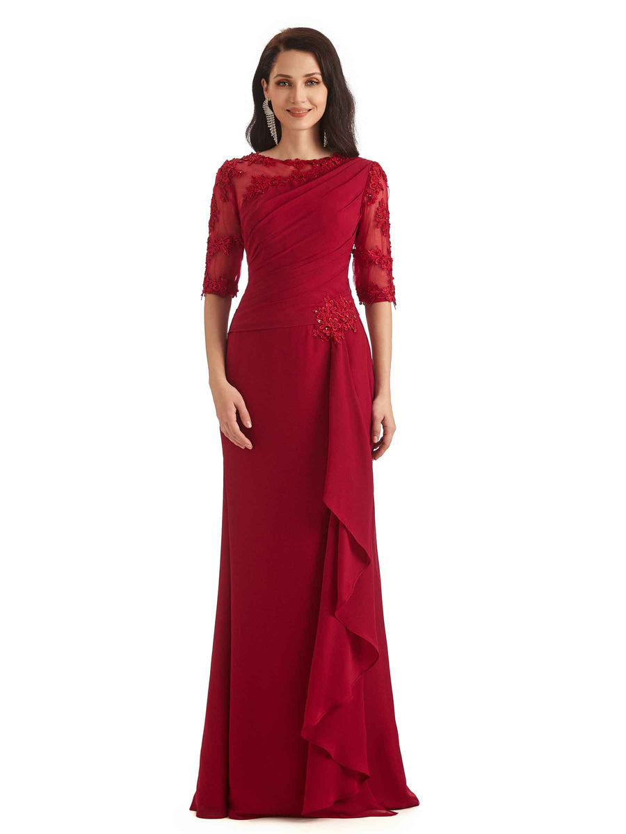 Elegant Mermaid Chiffon Half Sleeves Long Lace Mother of The Bride Dresses