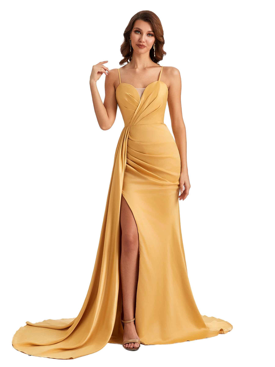 Elegant Spaghetti Straps  Soft Satin Side Slit Mermaid Long Wedding Guest Dresses