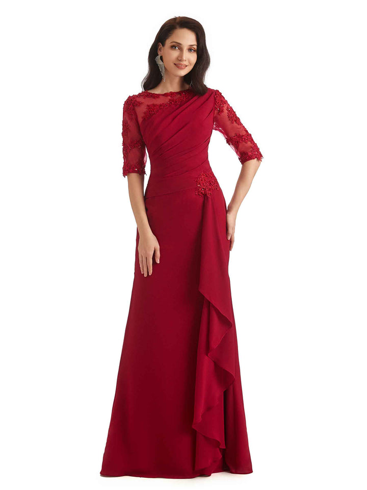 Elegant Mermaid Chiffon Half Sleeves Long Lace Mother of The Bride Dresses