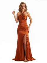 Sexy Side Slit Halter Soft Satin Mermaid Long Bridesmaid Dresses Online