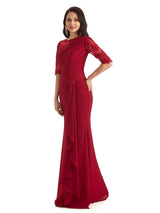 Elegant Mermaid Chiffon Half Sleeves Long Lace Mother of The Bride Dresses