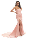 Sexy Side Slit Strapless Long Mermaid Unique Satin Dress For Wedding