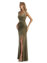 Elegant Mermaid V-Neck Velvet Long Formal Evening Dresses With Detachable Cape
