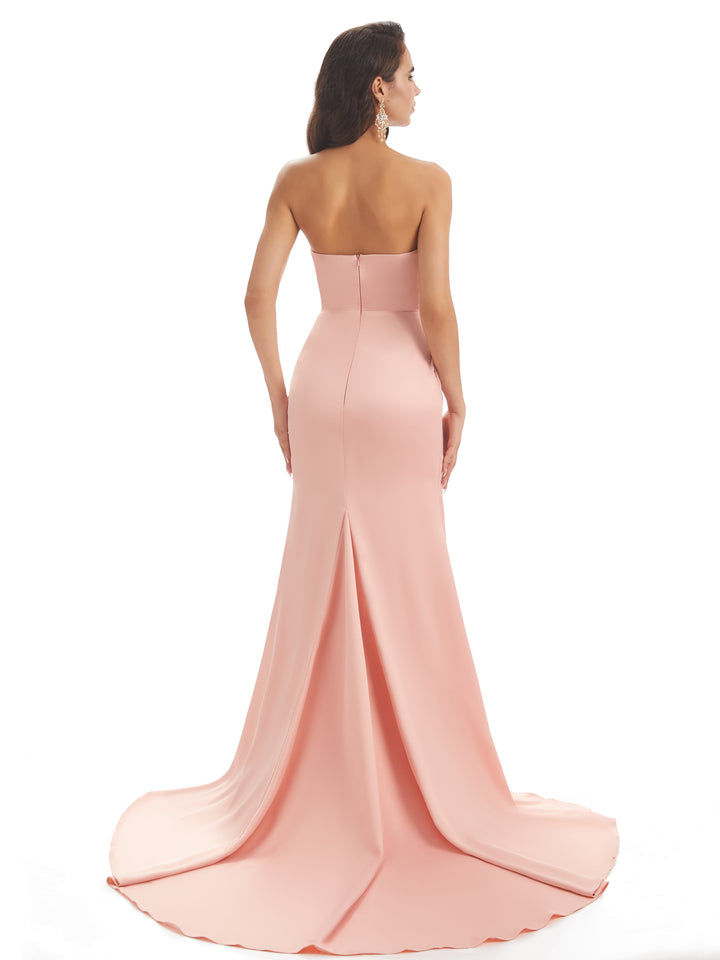 Sexy Soft Satin Side Slit Strapless Long Mermaid Bridesmaid Dresses Online