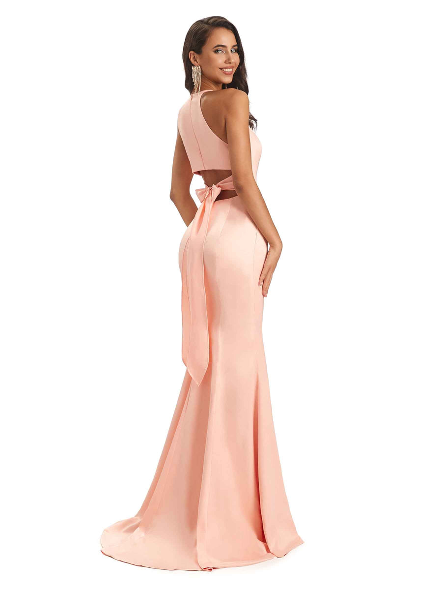 Sexy Simple Bow Knot Unique Long Mermaid Unique Satin Prom Dresses
