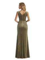 Elegant Mermaid V-Neck Velvet Long Formal Evening Dresses With Detachable Cape