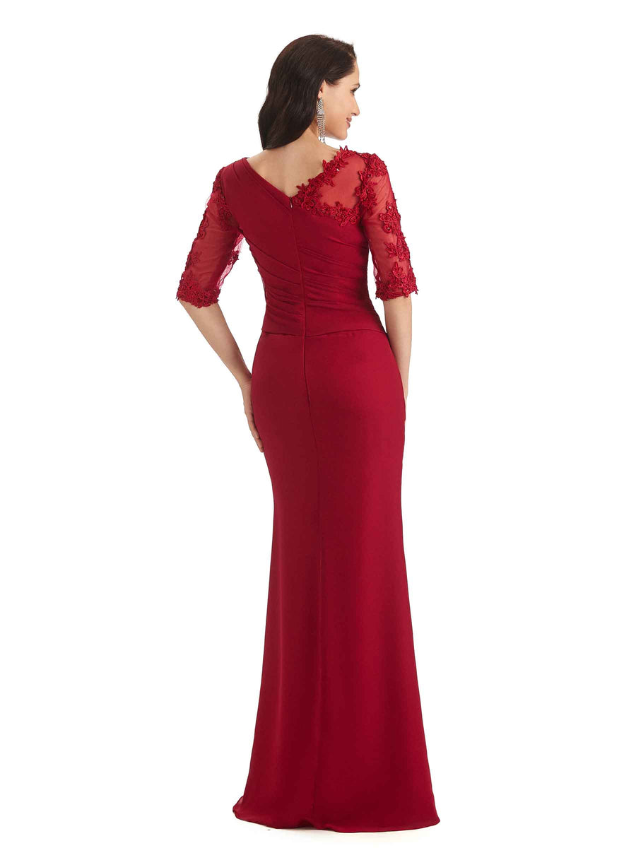 Elegant Mermaid Chiffon Half Sleeves Long Lace Mother of The Bride Dresses