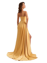 Elegant Spaghetti Straps  Soft Satin Side Slit Mermaid Long Wedding Guest Dresses