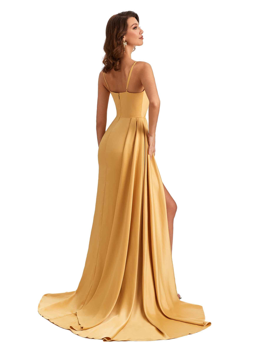 Elegant Spaghetti Straps  Soft Satin Side Slit Mermaid Long Wedding Guest Dresses