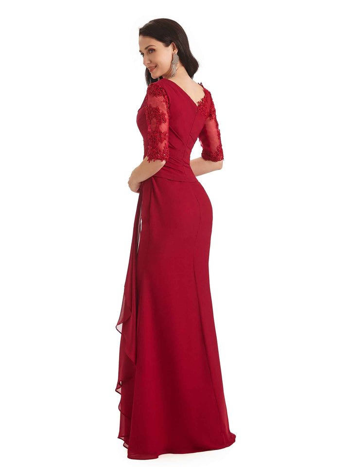 Elegant Mermaid Chiffon Half Sleeves Long Lace Mother of The Bride Dresses