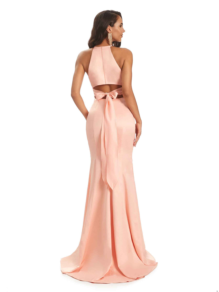 Sexy Simple Bow Knot Unique Long Mermaid Unique Satin Prom Dresses