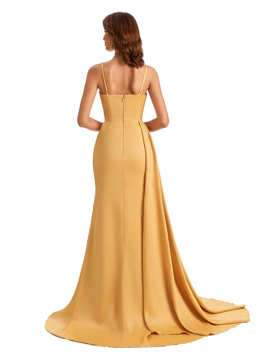 Elegant Spaghetti Straps  Soft Satin Side Slit Mermaid Long Wedding Guest Dresses