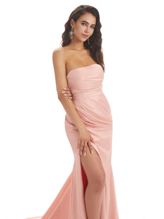 Sexy Soft Satin Side Slit Strapless Long Mermaid Bridesmaid Dresses Online