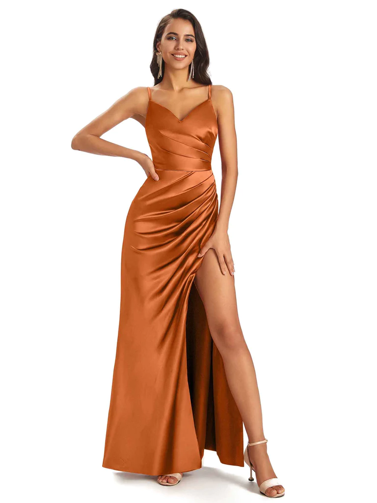 Mix And Match Burnt Orange Sexy Mermaid Satin Long Maid of Honor Dresses