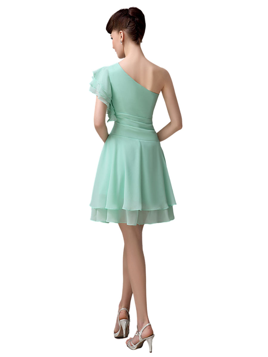Popular A-line Chiffon One Shoulder Ruffle Sleeves Short Bridesmaid Dresses