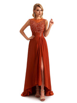 Elegant Chiffon Jewel Side Slit High Low Lace Beaded Mother of the Brides Dresses