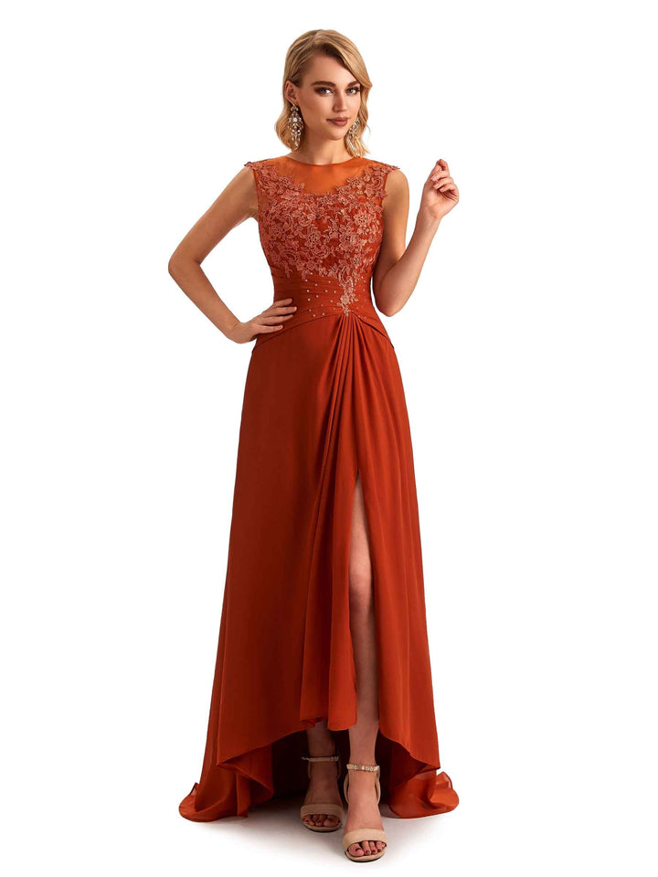 Elegant Chiffon Jewel Side Slit High Low Lace Beaded Mother of the Brides Dresses