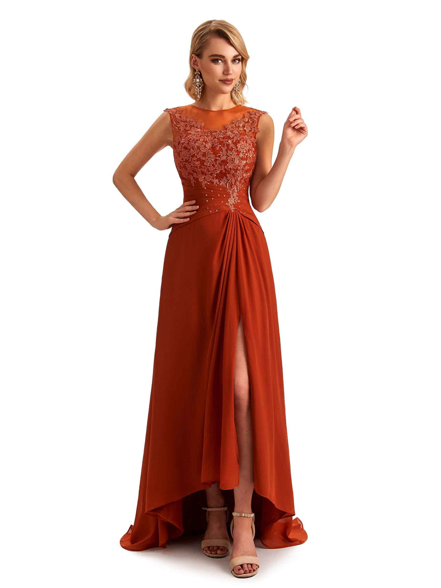 Elegant Chiffon Jewel Side Slit High Low Lace Beaded Mother of the Brides Dresses