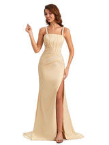 Elegant Soft Satin Straight Neck Side Slit Lace Long Mermaid Formal Wear For Wedding