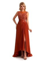 Elegant Chiffon Jewel Side Slit High Low Lace Beaded Mother of the Brides Dresses
