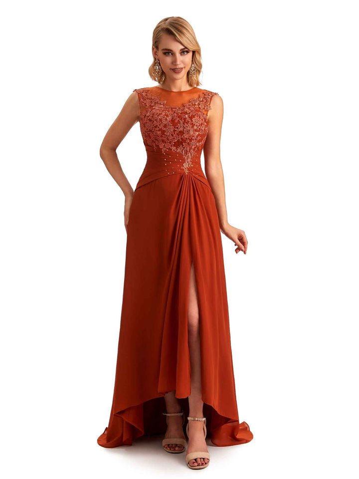Elegant Chiffon Jewel Side Slit High Low Lace Beaded Mother of the Brides Dresses