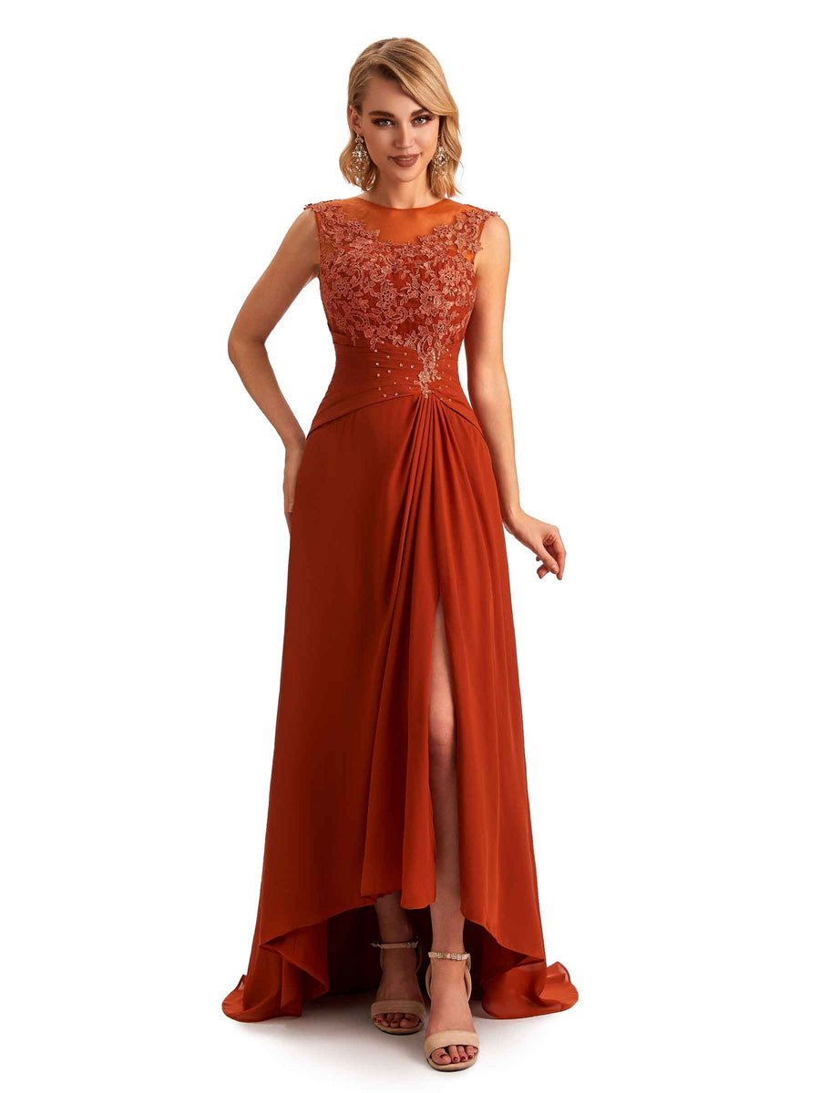 Elegant Chiffon Jewel Side Slit High Low Lace Beaded Mother of the Brides Dresses