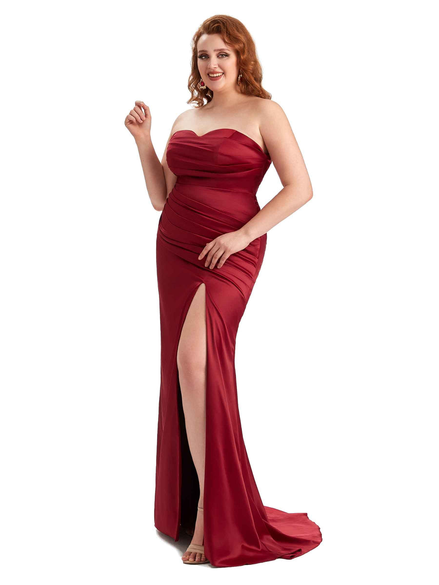 Plus Size Sexy Side Slit Mermaid Soft Satin Long Bridesmaid Dress For Wedding