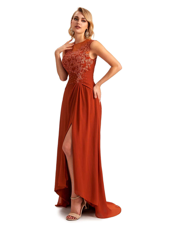 Elegant Chiffon Jewel Side Slit High Low Lace Beaded Mother of the Brides Dresses