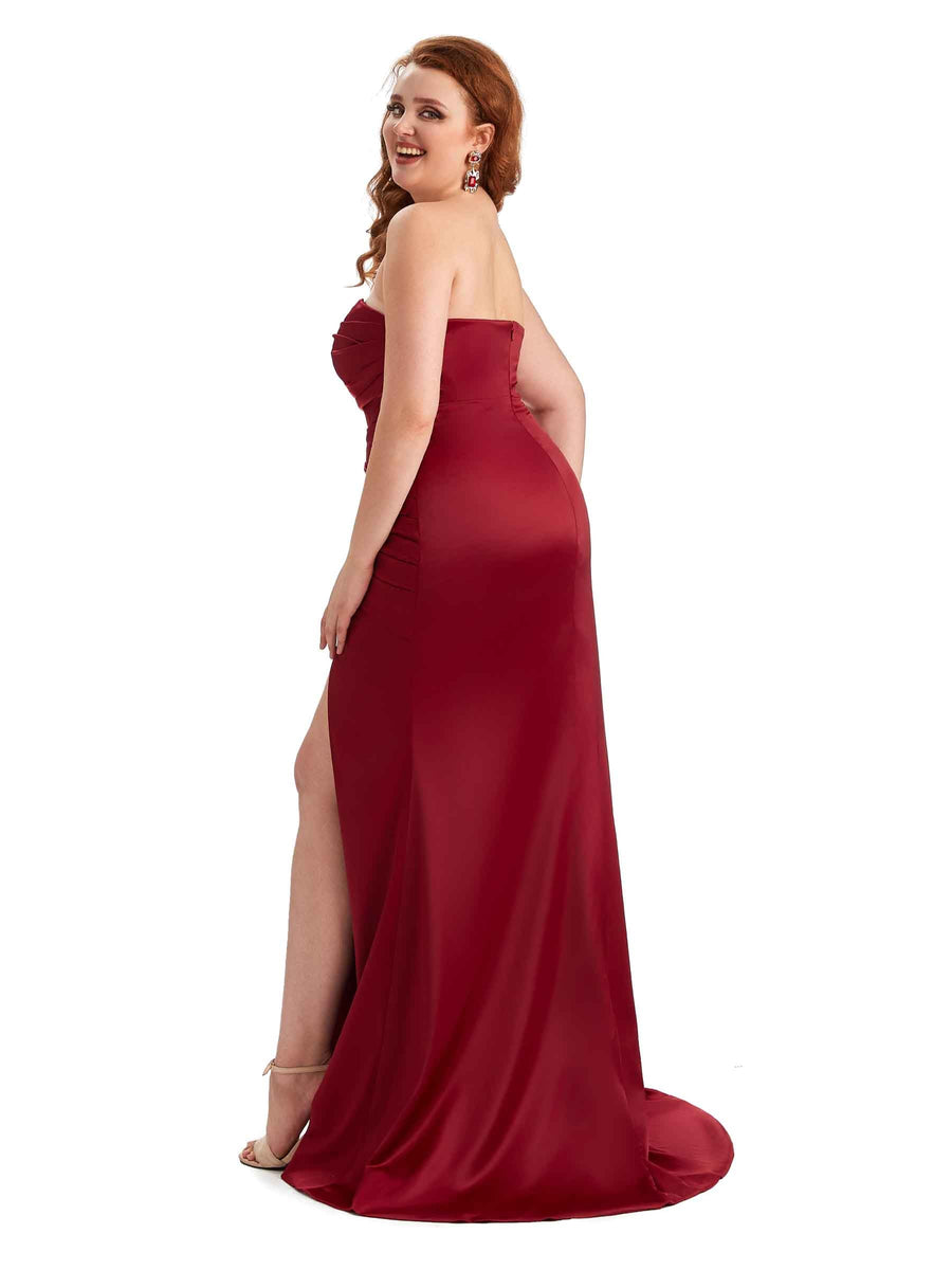 Plus Size Sexy Side Slit Mermaid Soft Satin Long Bridesmaid Dress For Wedding
